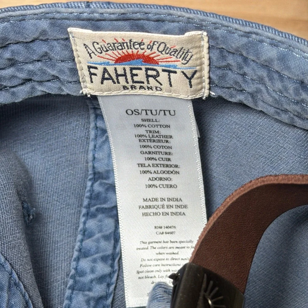 Faherty Baseball Hat Mens OS Blue Sun Logo Cotton Leather Strap Dad Cap Faded